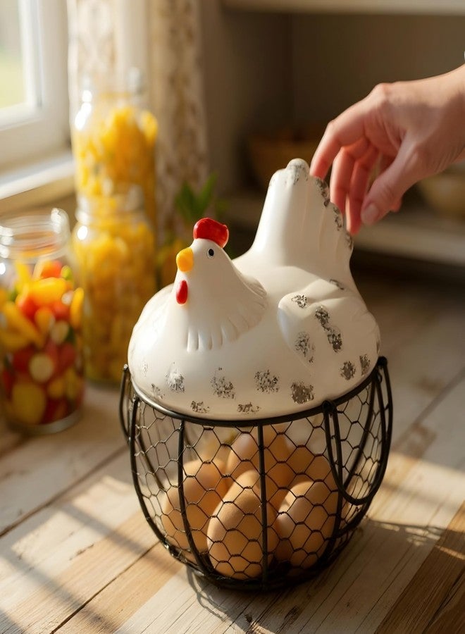 Maxxinn Ceramic Hen Shape Wire Egg Storage With White Farm Chicken Top And Handles Keeps Fresh and Secure, Countertop - Image 1